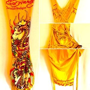 Ed Hardy, and a one of a kind backless t-shirt dress.